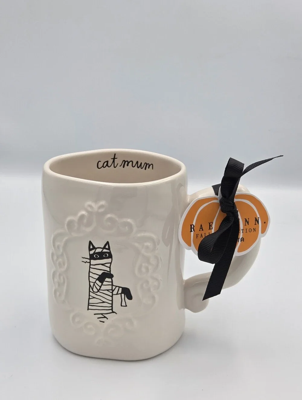 Rae Dunn Cream Cat Mum Mug with Black Mummy Cat Illustration Nwt